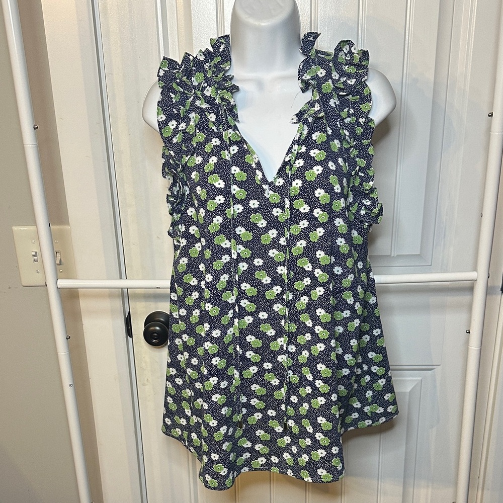 Entro Navy and‎ Lime Floral Ruffle Blouse